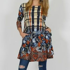 Rust Floral Plaid Side-Pocket Swing Tunic